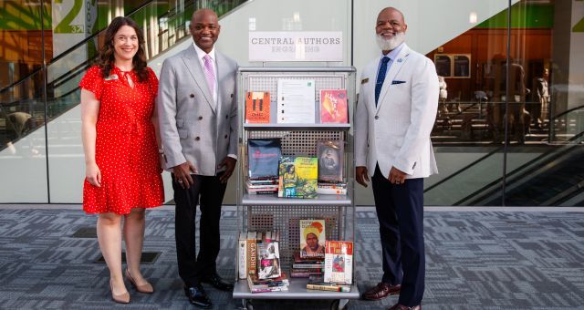 Donor Michael Twyman, Foundation President Roberta Jaggers, and Indianapolis Public Library CEO Gregory Hill