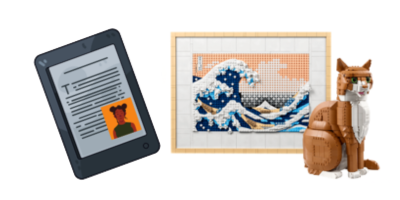 Tablet, framed artwork, and lego cat.