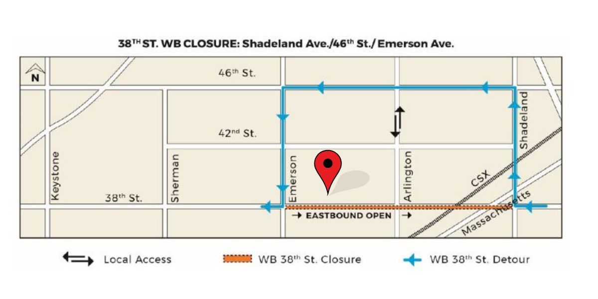 38th Street west bound closure: Shadeland Ave/46th Street/Emerson Ave