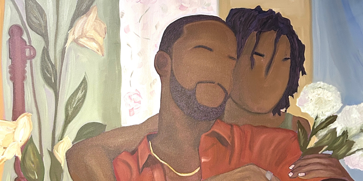 A painting called Love is Kind (2023) by Kierra Ready depicting a Black woman with flowers in one hand and her other arm draped around the shoulders of a Black man. A painting called Love is Kind (2023) by Kierra Ready depicting a Black woman with flowers in one hand and her other arm draped around the shoulders of a Black man.