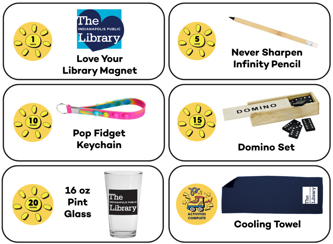 1 hour: Love Your Library Magnet; 5 hours: Never Sharpen Infinity Pencil; 10 hours: Pop Fidget Keychain; 15 hours: Domino Set; 20 hours: 16 oz Pint Glass; Complete Activity Challenge: Cooling Towel.