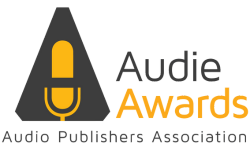 Audie Awards gold microphone inside a black triangle logo.