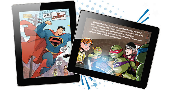 Graphic novels displaying on two tablets.