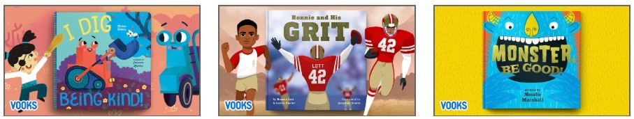 Vook video read aloud covers for I Dig Being Kind, Ronnie and his Grit, and Monster be Good.