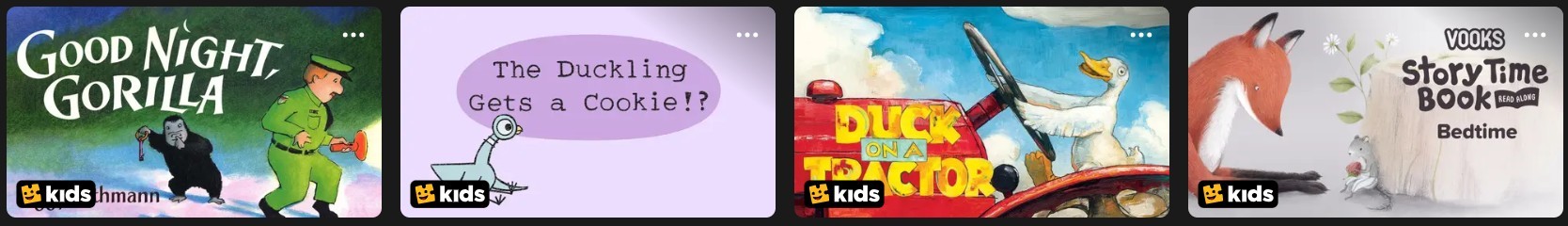 Sample book covers from Kanopy Storytime including Goodnight Gorilla, The Duckling Gets a Cookie, Duck on a Tractor, and the Storytime Bedtime Collection.