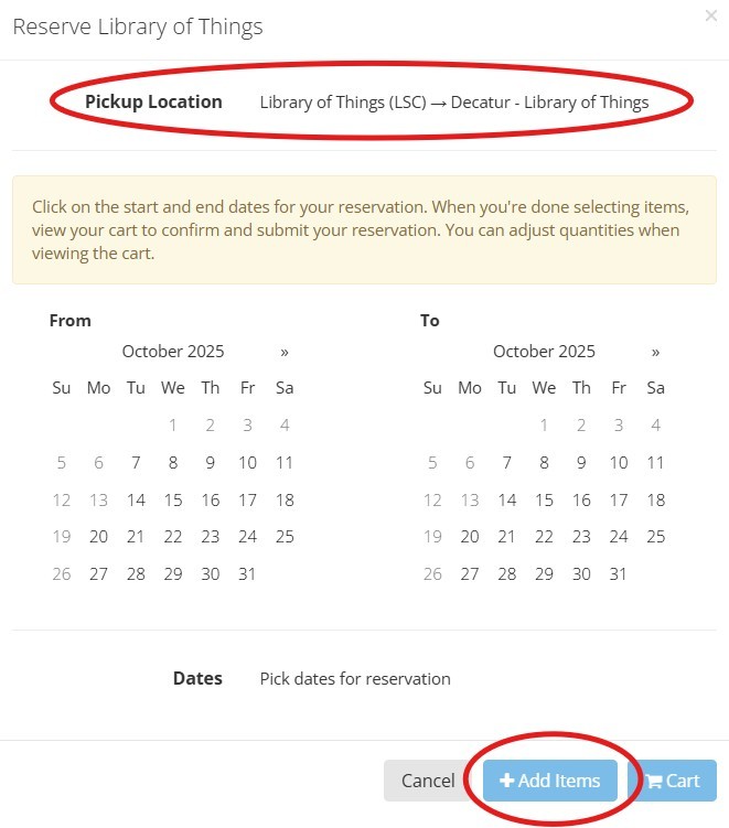 A screenshot that shows the item's pickup location and a calendar for selecting reservation dates, as well as the “+Add Items” button which is used to put the item in your cart.