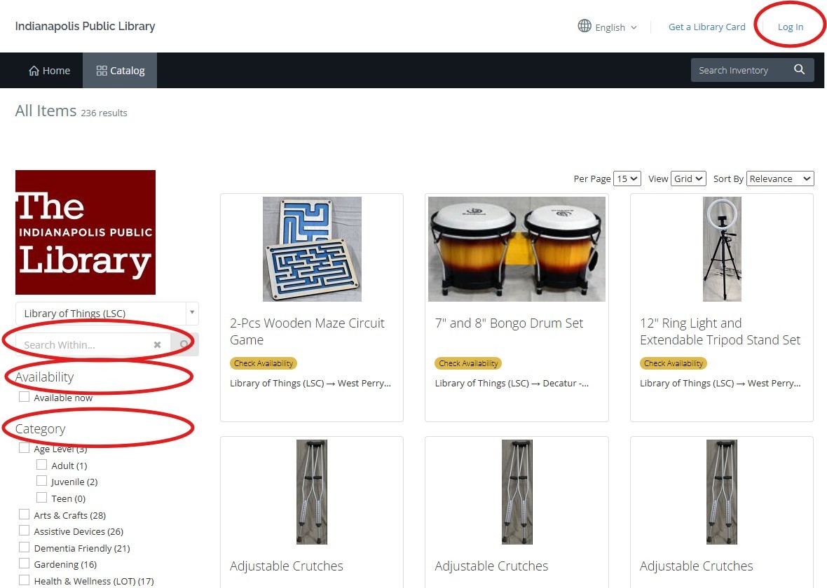 A screenshot of The Library of Things MyTurn reservation page. Log In is located in the upper right corner. The search box to use for entering search terms is in a column on the left side. The search box is followed by an 'available now' checkbox as well as a list of categories you can use to narrow down your search.