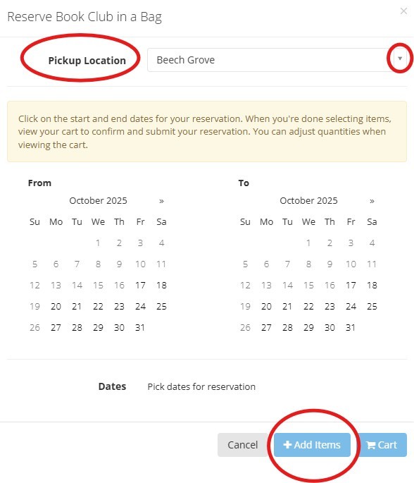 A screenshot that shows a dropdown menu for selecting a pickup location and a calendar for selecting reservation dates as well as the “+Add Items” button which is used to put the item in your cart.