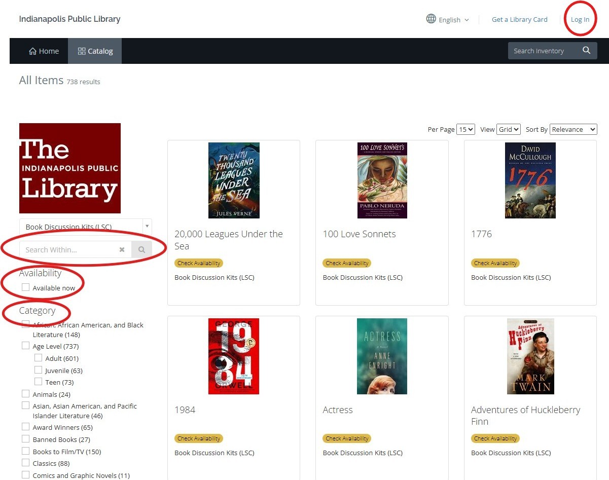 A screenshot of the Book Club in a Bag MyTurn reservation page. Log In is located in the upper right corner. The search box to use for entering a title is in a column on the left side. The search box is followed by an 'available now' checkbox as well as a list of categories you can use to narrow down your search.