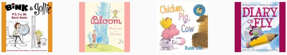 Tumblebook Library book covers including Bink & Golly P.S. I'll Be Back Soon, Bloom, Chicking, Pig Cow, and Diary of a Fly.