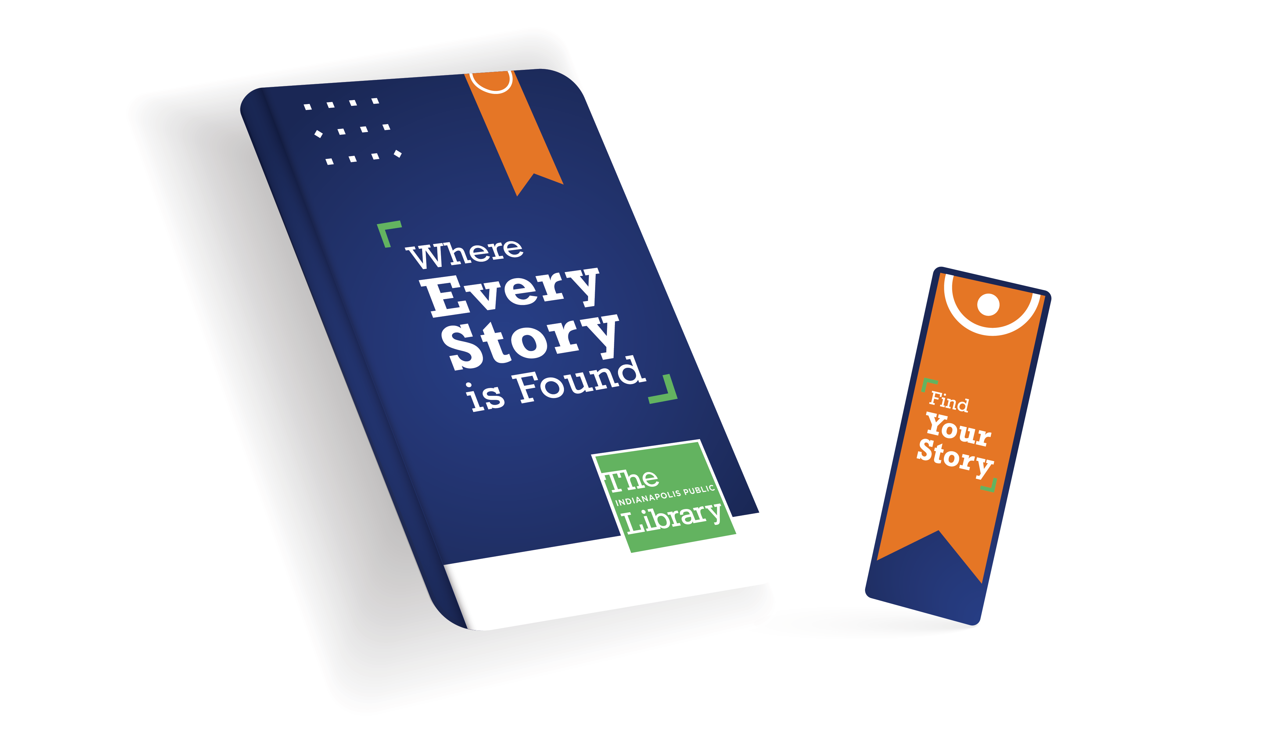 Rendering of Indianapolis Public Library card and key fob featuring the words "where every story is found."