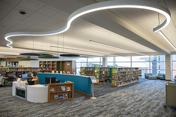 Kid Central Reference Desk and book stacks.